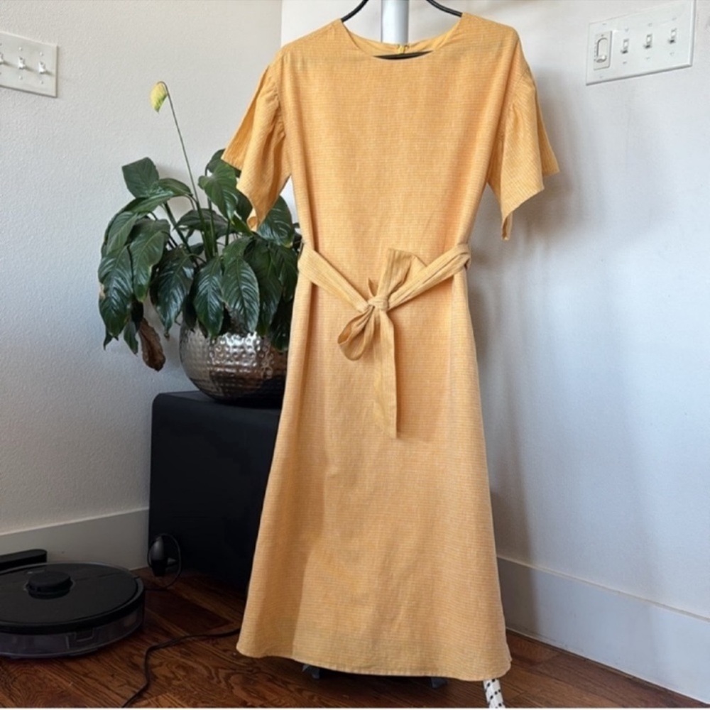 Cremieux Linen Cotton Crew Midi/Maxi Dress Sz 0 Yellow White Waist Belt